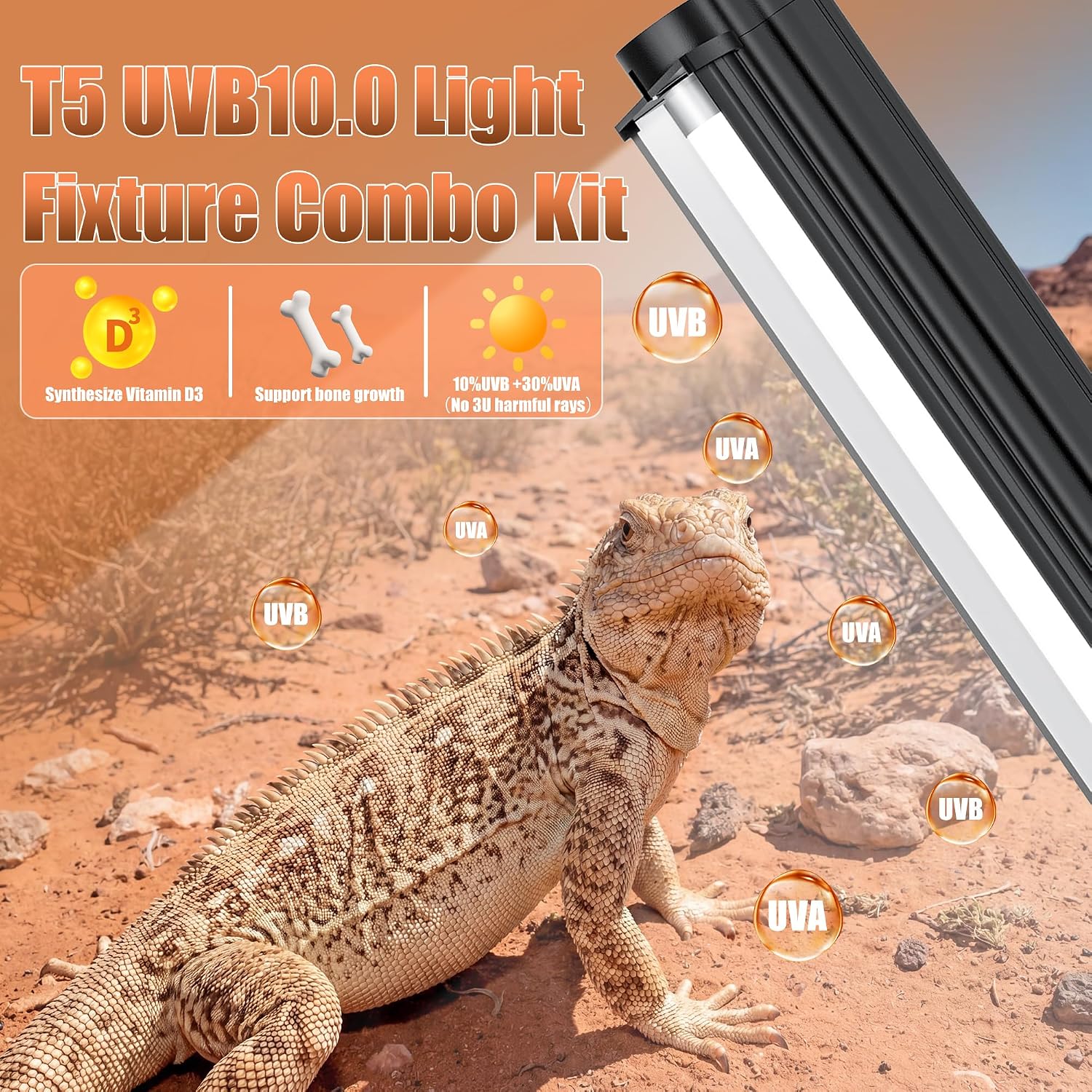 T5 UVB 10.0 Reptile Light Fixture Combo Kit (22Inch) | 14W UVB 10.0 Light Bar with T5 HO Terrarium Hood Light Fixture for Desert Reptiles, Bearded Dragons, Lizards, Tortoises thumbnail 8